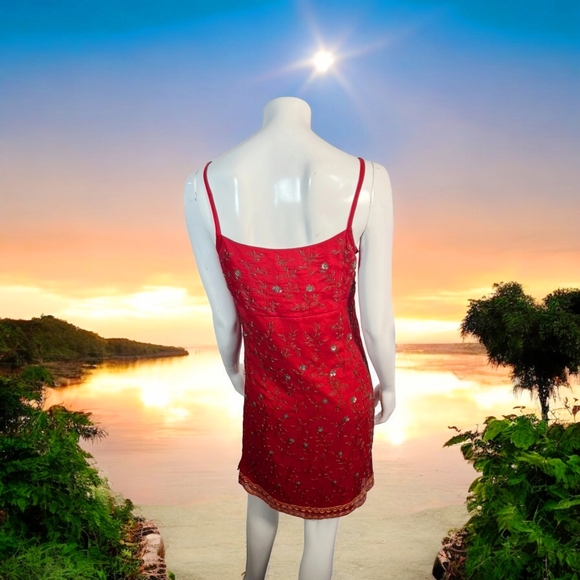 Vintage Express Red Embroidered Dress Small With Beaded Floral Boho Design 90's - Picture 6 of 16